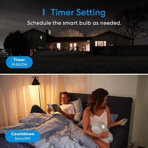 Smart BR30 Flood LED Bulbs 2 Pack Dope Color Changing RGBCW, 1300 Lumens timer setting in bedroom and exterior view