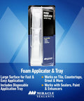 Smooth Grip Sealer Applicator Brush And Wide Tray Combo For Tile Stone Grout Treatments shown with packaging and disposable tray.