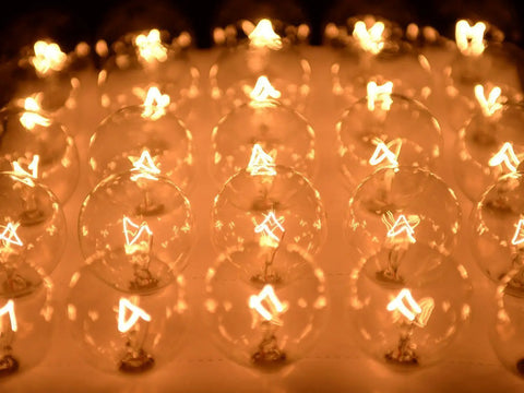 G40 Globe Bulbs 5W E12 Screw Base 1.5 Inch Warm White Edison Style Replacements glowing in warm yellow light