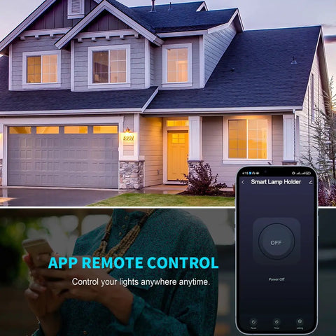 WiFi Light Socket E27 E26 Two Pack With Voice And App Control interface on smartphone in front of illuminated house at dusk