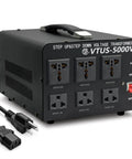 Beefy 5000 Watt Voltage Converter Transformer For Heavy Duty Step Up And Step Down From 110-120V To 220-240V And 220-240V To 110-120V With Circuit Breaker Protection And 100 Percent Load Capacity Plus Simultaneous 3-Mode Output, showing front panel with multiple outlets