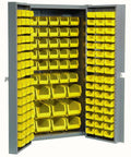 Deep Door Industrial Storage Cabinet With 144 Yellow Plastic Bins Tough Workhorse Parts Organizer showing organized yellow bins.
