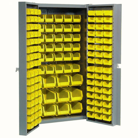 Deep Door Industrial Storage Cabinet With 144 Yellow Plastic Bins Tough Workhorse Parts Organizer showing organized yellow bins.