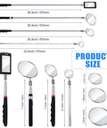 Telescoping Inspection Mirror Set With LED Light For Cars And Small Parts, Flexible Reach, shown in various sizes and mirror shapes