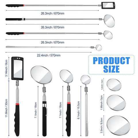 Telescoping Inspection Mirror Set With LED Light For Cars And Small Parts, Flexible Reach, shown in various sizes and mirror shapes