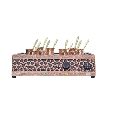 Authentic Turkish Copper Electric Hot Sand Coffee Maker Heater With Dual Voltage 110V 220V Seljuk Model Big Capacity Kitchen Machine Plus 10 Size Turkish Coffee Pot with a copper finish and intricate front design