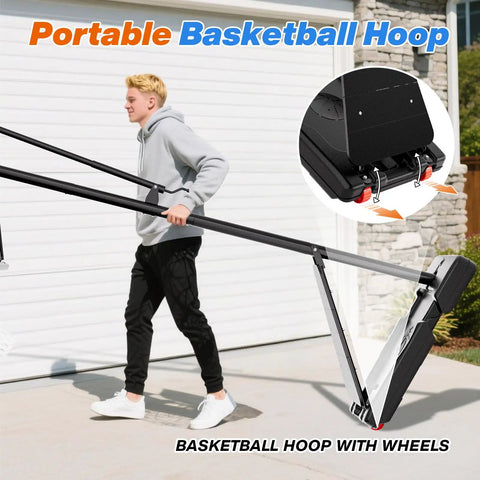 Person moving Outdoor Adjustable Basketball Hoop With 40 44 48 Inch Backboards 5.3 To 10 Ft Height Portable Wheels Heavy Duty Steel Frame