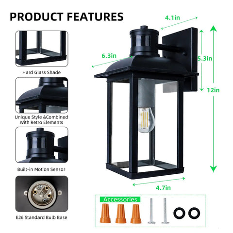 Diagram showing Motion Sensor Outdoor Wall Light With Dusk To Dawn Sensor PIR Activated Waterproof Porch Light Fixture size and features