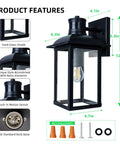 Product features of Two Pack Motion Sensor Outdoor Wall Lights Dusk To Dawn Waterproof Porch Lanterns with E26 socket in black aluminum.