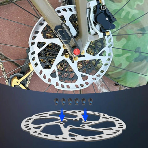 Beefy 180mm Six Bolt Bike Disc Brake Rotor For Road And Mountain Bikes 2.3mm Thick SUS410 Stainless Steel Durable All Weather Braking Performance In Any Weather mounted on a bike