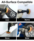 All In One Pro Grade 33 Piece 4 Inch Car Polishing Pad Kit polishing various surfaces with drill adapter.