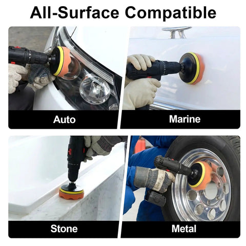 All In One Pro Grade 33 Piece 4 Inch Car Polishing Pad Kit polishing various surfaces with drill adapter.