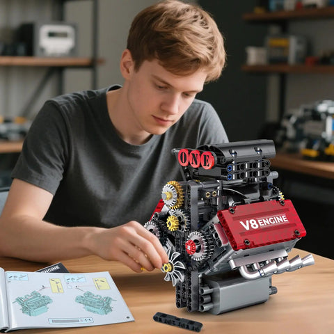 Person assembling V8 Engine Building Set That Runs Build Your Own 8 Cylinder Engine With Battery And Motor 478 Pieces STEM Toy