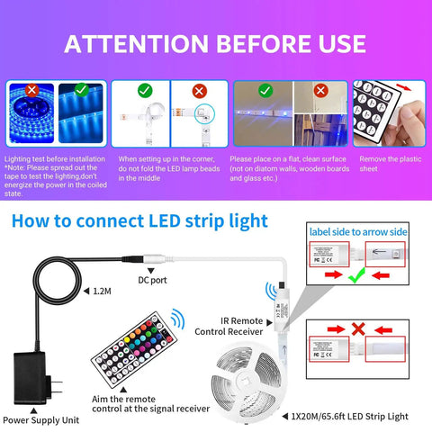 Instructions for connecting 65 Point 6 Foot RGB LED Strip Lights With App And Remote Control Music Sync 5050 RGB LEDs