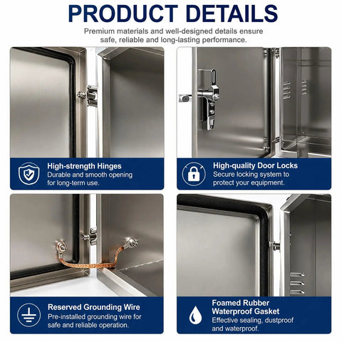 Tough As Nails Outdoor EV Charger Enclosure With Key Lock Security close-up view of hinges and locks, showcasing stainless steel design.