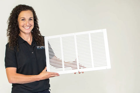 12 Inch By 6 Inch Duct Opening Flat Stamped Steel Return Air Grille For Sidewall And Ceiling White Finish held by person