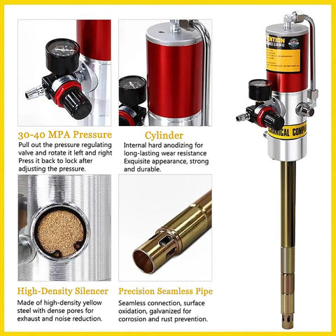 Heavy Duty Pneumatic Grease Pump For 55 Gallon Drums, Universal Grease Gun With 16 Ft Hose, 50 To 1 Pressure, showing cylinder and pressure control.