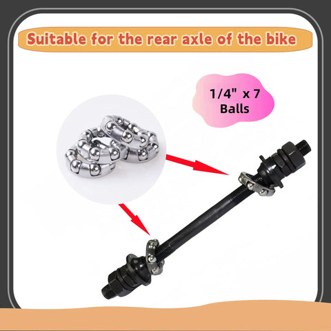 Beefy One Inch Bicycle Ball Bearings Set For Front And Rear Hubs With Seven Steel Balls In A Fixed Cage Inner Diameter Zero Point Fifty Five Inches Ball Diameter One Quarter Inch Durable Steel Retainer Fits 4 10 20 Pack shown with axle