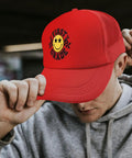 Person wearing Too Cool For 1st Grade Funny Hat Red Unisex Tennis Trucker Cap For Women Men Adjustable Buckle Back
