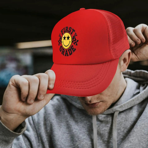 Person wearing Too Cool For 1st Grade Funny Hat Red Unisex Tennis Trucker Cap For Women Men Adjustable Buckle Back