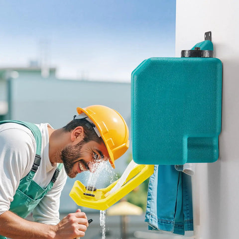 Man using Go To Portable 8 Gallon Eye Wash Station With Two Sprays OSHA Approved And ANSI Z358.1 2014 Compliant Wall Mount Green