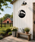 Rustic Steam Locomotive Metal Wall Art Decor For Living Room And Office displayed on white shed outdoors