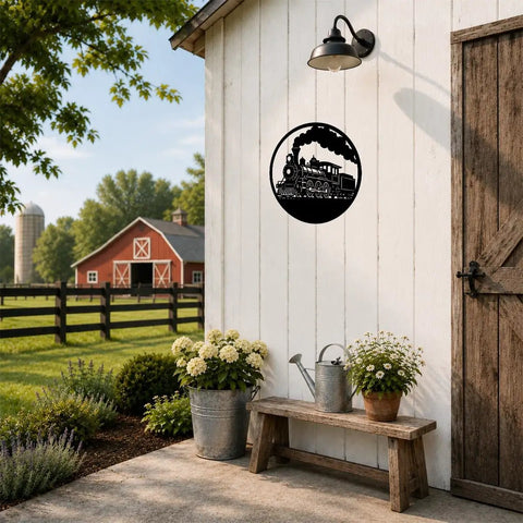 Rustic Steam Locomotive Metal Wall Art Decor For Living Room And Office displayed on white shed outdoors
