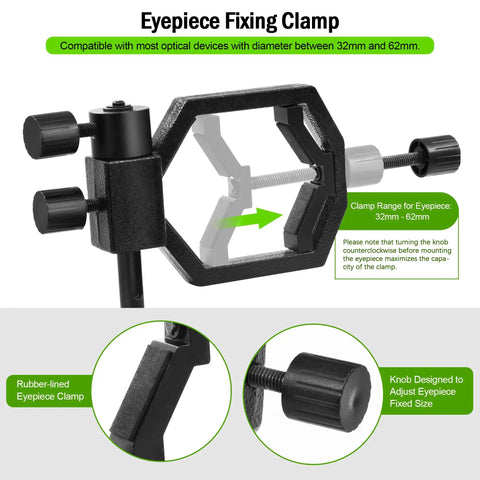 Deluxe Metal Telescope Mount All In One Phone And Camera Universal Adapter with eyepiece fixing clamp close-up