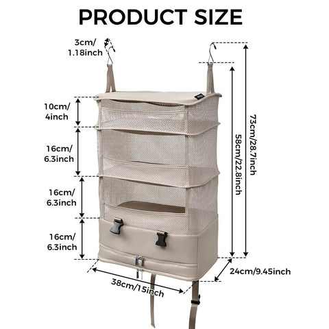 Travel Hanging Shelf Bag With 5 Tier Packing Cube Organizer showing dimensions and mesh design
