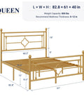 Queen Size Metal Platform Bed Frame Featuring Victorian Headboard With Gold Metallic Finish Heavy Duty Steel Slats dimensions and details.