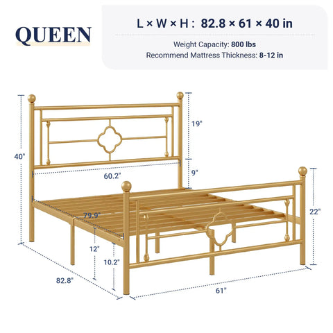 Queen Size Metal Platform Bed Frame Featuring Victorian Headboard With Gold Metallic Finish Heavy Duty Steel Slats dimensions and details.