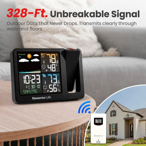 Projection Alarm Clock For Bedroom Ceiling With Indoor Outdoor Temperature And Humidity Weather Station Forecast Dope Easy Setup Adjustable Red Projector Backlight Black on table showing weather data