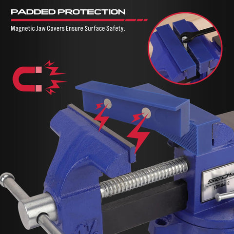 Heavy Duty Four And A Half Inch Tough As Nails Bench Vise With Multi Jaw Design, close-up of magnetic padded protection