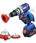 Six Pack Nylon Filament Abrasive Wire Brush Wheel And Cup Brush Set With One Quarter Inch Hex Shank in use with a drill