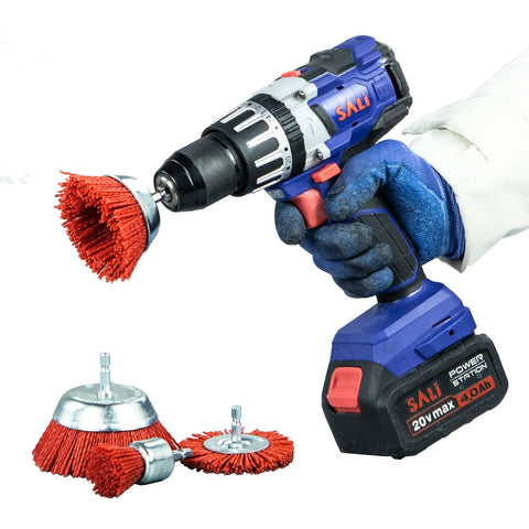 Six Pack Nylon Filament Abrasive Wire Brush Wheel And Cup Brush Set With One Quarter Inch Hex Shank in use with a drill