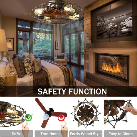 Caged Ceiling Fan With Light And Remote Flush Mount Low Profile Farmhouse Modern Ceiling Fan Includes Bulbs 6 Speeds