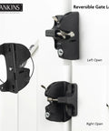 Heavy Duty Key Lockable Double Sided Gate Latch For Outdoor Fences, reversible design shown on wood gate, black finish.