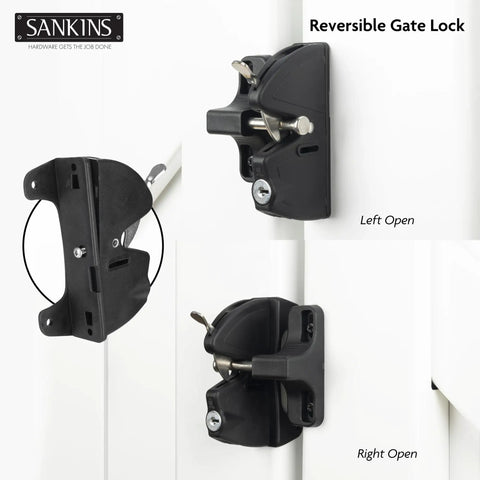 Heavy Duty Key Lockable Double Sided Gate Latch For Outdoor Fences, reversible design shown on wood gate, black finish.