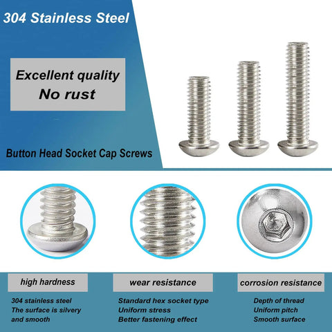 M3 Button Head Socket Cap Screws Kit 75Pcs 304 Stainless Steel Fully Threaded Hex Drive Bright Finish Assortment Display