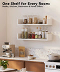 Fresh White Floating Wall Shelves Set Of Four U Shaped Wall Mounted Bookshelf with jars and bottles in kitchen.