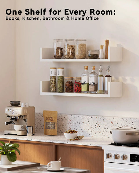 Fresh White Floating Wall Shelves Set Of Four U Shaped Wall Mounted Bookshelf with jars and bottles in kitchen.