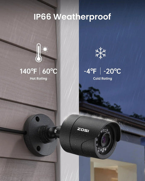 IP66 weatherproof outdoor camera from 5MP 3K Lite CCTV Security System With AI Human And Vehicle Detection, resistant to hot and cold.