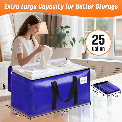 Woman organizing clothes in Eight Pack Heavy Duty Moving Bags With Backpack Straps And Carry Handles 93 L 25 Gallon Blue