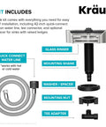 Skip The Scrub Stainless Steel Glass Rinser For Kitchen Sink Attachment kit parts, including quick-connect water line and mounting components.