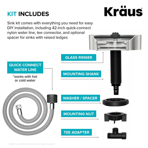 Skip The Scrub Stainless Steel Glass Rinser For Kitchen Sink Attachment kit parts, including quick-connect water line and mounting components.