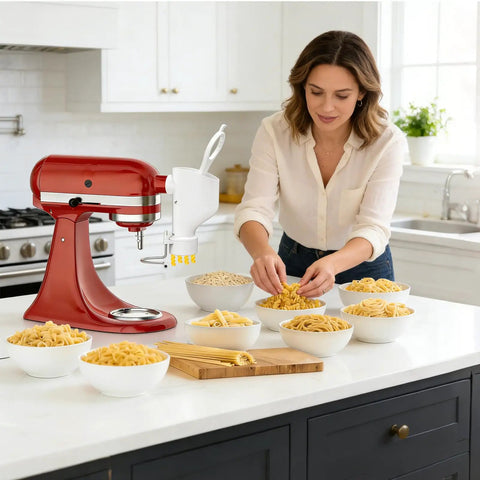 Woman using All In One Pasta Press Attachment For Stand Mixers With 7 Interchangeable Plates for fresh pasta at home.