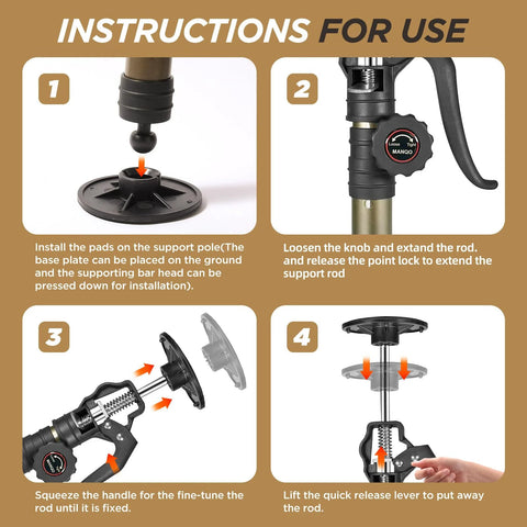 MANQO cabinet jack 3rd-hand support system instructional diagram with base plate, knob, and extendable rod