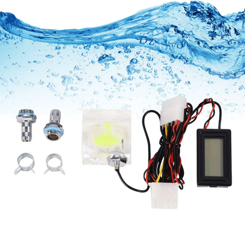 PC 3 Way Flow Meter And Digital Thermometer Water Cooling System Kit with connectors and clamps for monitoring computer cooling