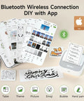 Portable Sticker Printer Grab And Go Mini Bluetooth Thermal Inkless Printer For iPhone And Android Pocket Label Maker Gray shown with app and printouts.