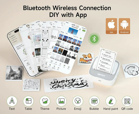 Portable Sticker Printer Grab And Go Mini Bluetooth Thermal Inkless Printer For iPhone And Android Pocket Label Maker Gray shown with app and printouts.